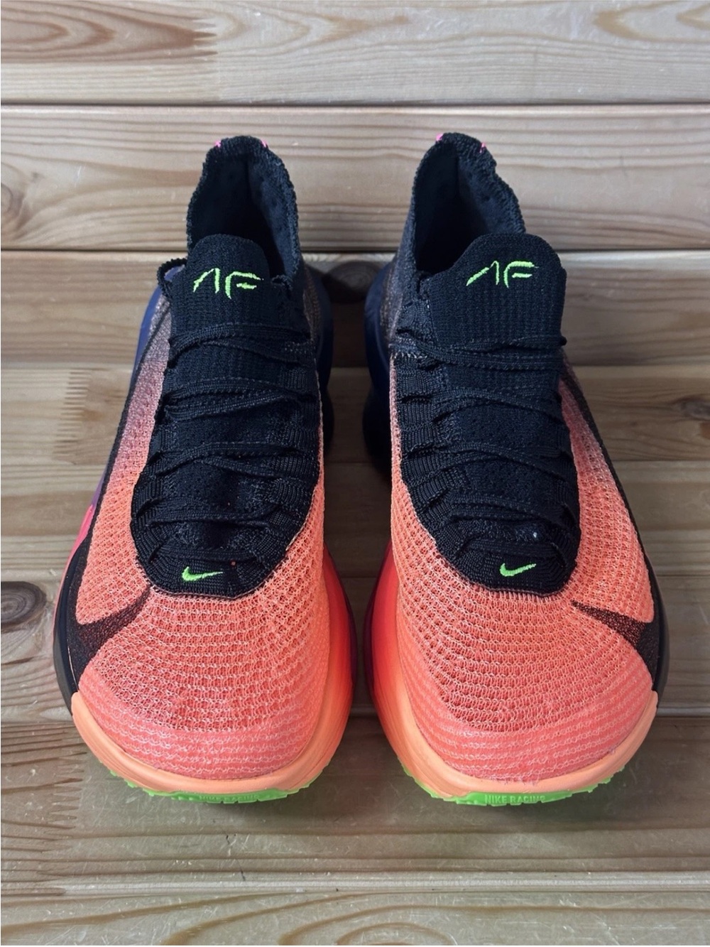 Nike Orange & Black Flyknit Running Sneakers with Neon Green Accents-Brand New